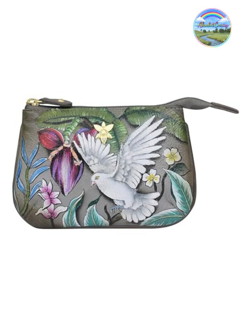 Hand-Painted Genuine Leather Zipper Coin Pouch with Key Fobs